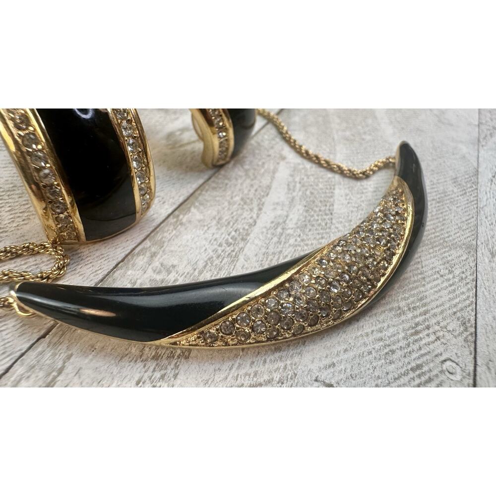 Christian Dior Vtg 1980s Black Enamel Pave Rhinestone Necklace Clip Earrings Set - Picture 7 of 13